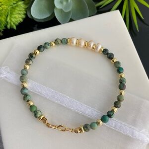 Gold Filled 4mm Blue African Turquoise & Freshwater Pearl Beaded Bracelet ✨